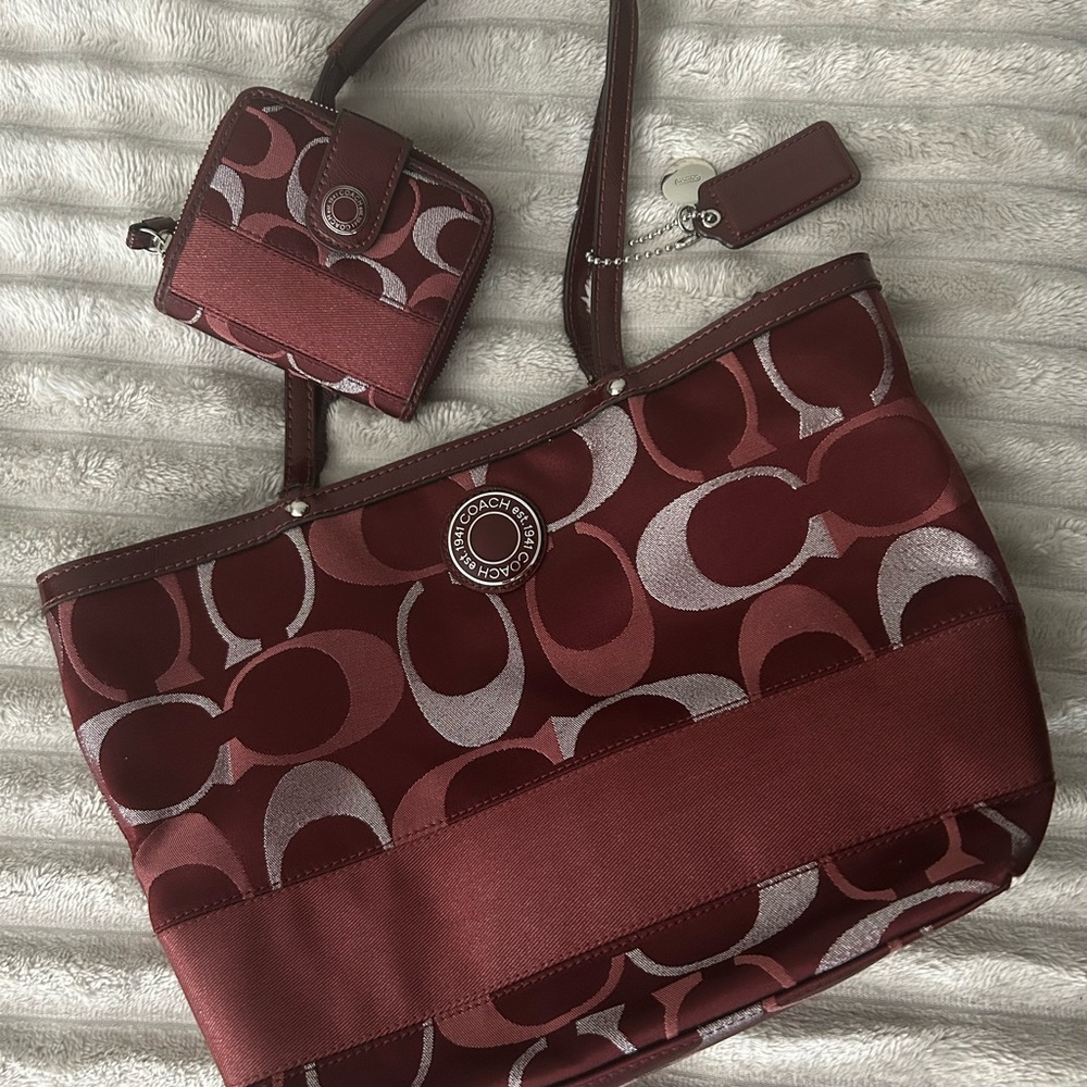 Coach Burgundy and Silver Women's Tote Bag